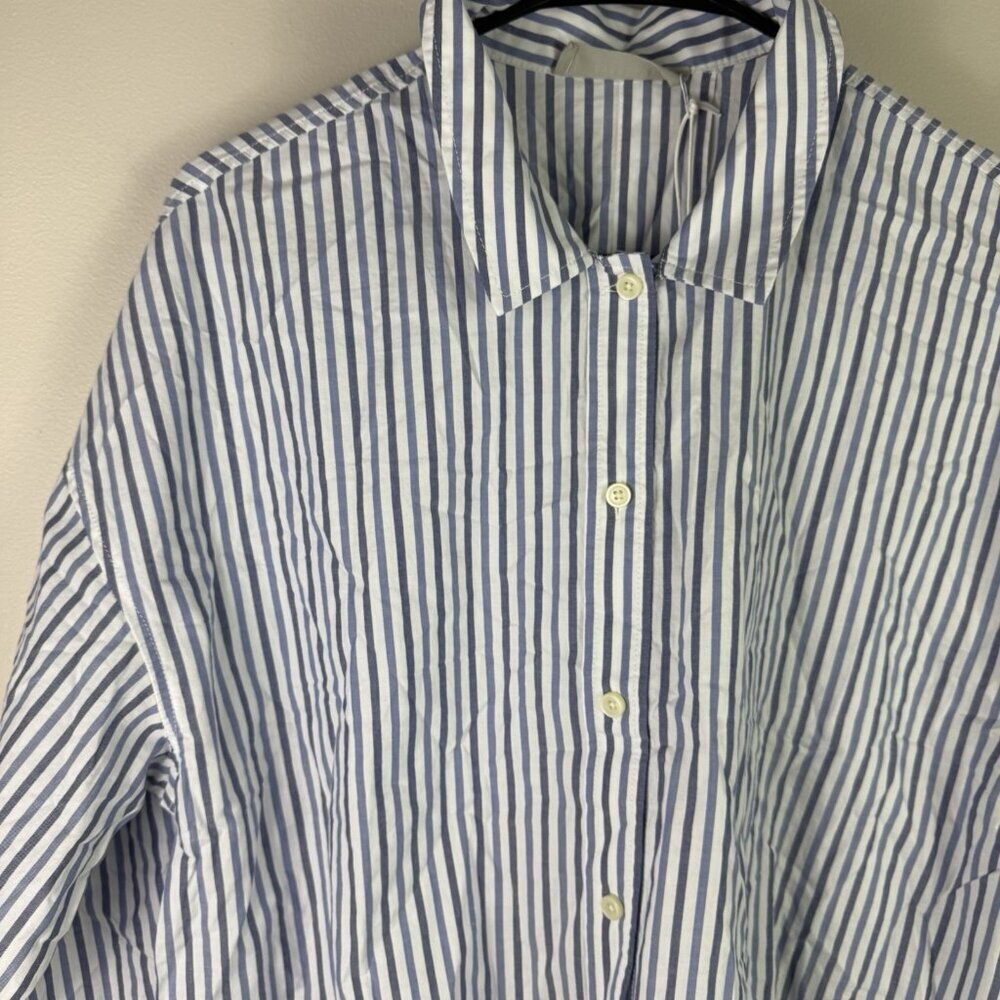Everlane PJ Cotton Shirt Blue White Stripe Cropped Button Down Top Medium - Picture 3 of 9